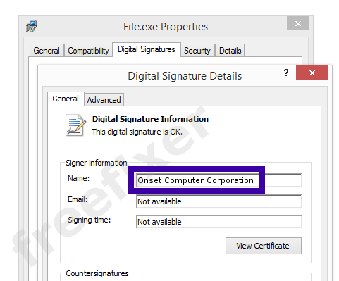 Screenshot of the Onset Computer Corporation certificate